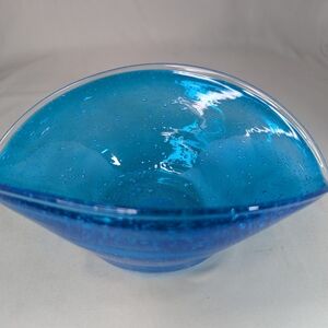 Vtg Blue Bubbled Glass Bowl Art Oblong Candy Dish Flower Vase Fruit Bowl